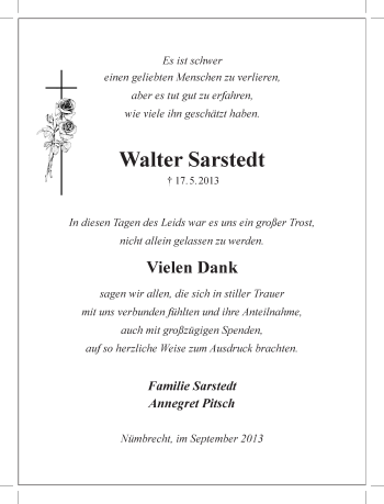 Anzeige von Walter Sarstedt von Köln - Wir Trauern
